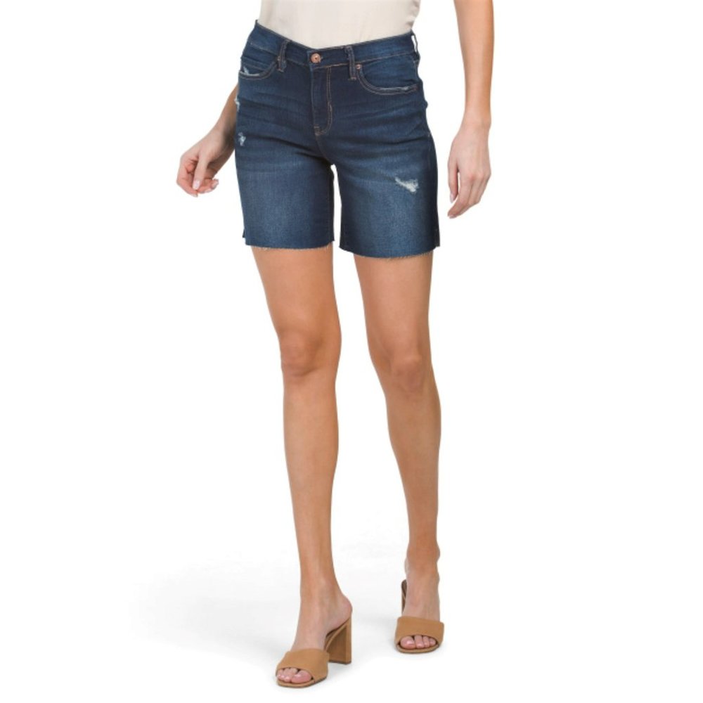 NWT Nicole Miller Soho High Rise Raw Hem Distressed Denim Bermuda Shorts - Picture 2 of 6